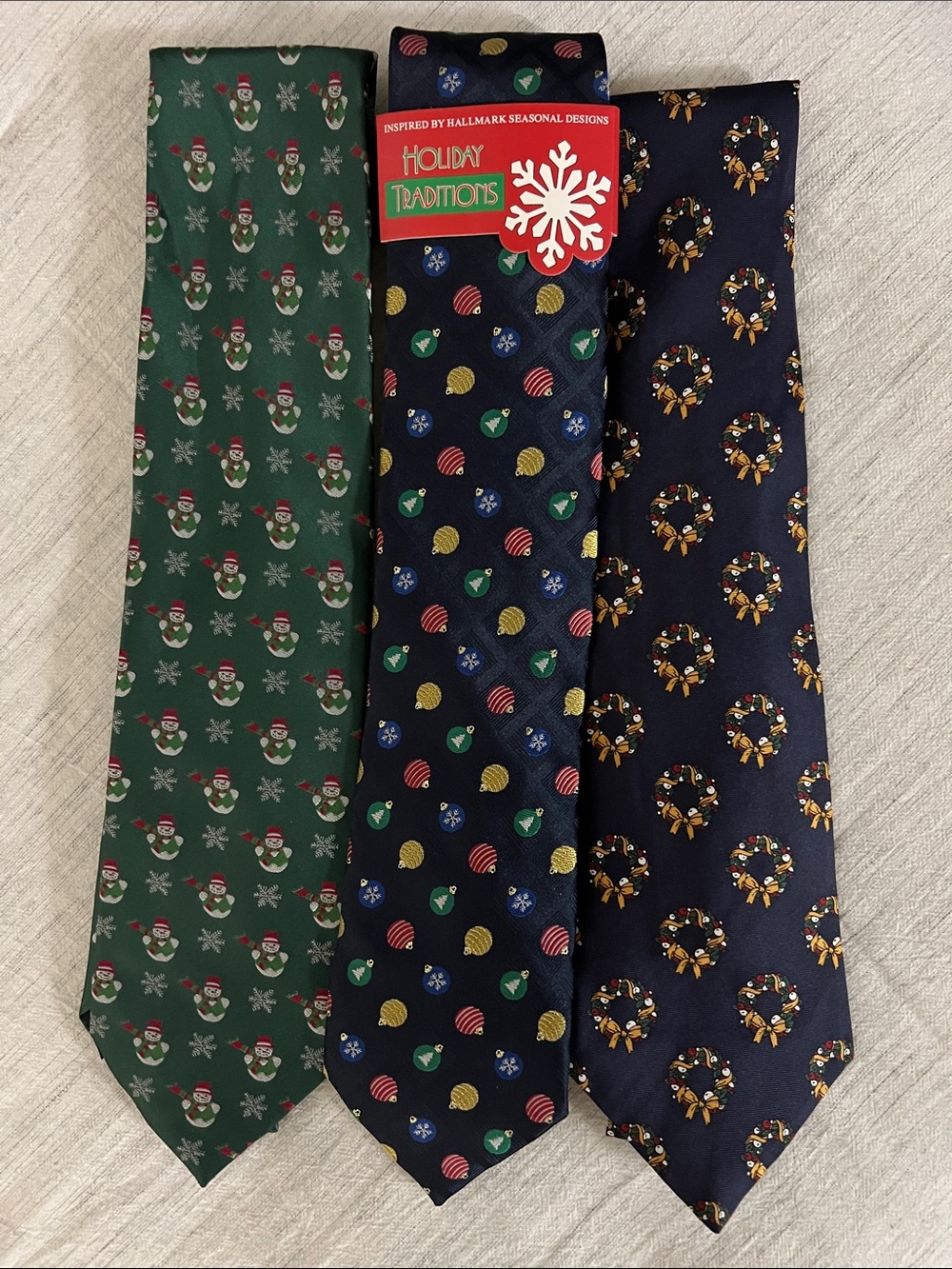 Men's Christmas Neckties (Set of 3) - Green/Navy/Snowman/Ornament/Wreath Designs